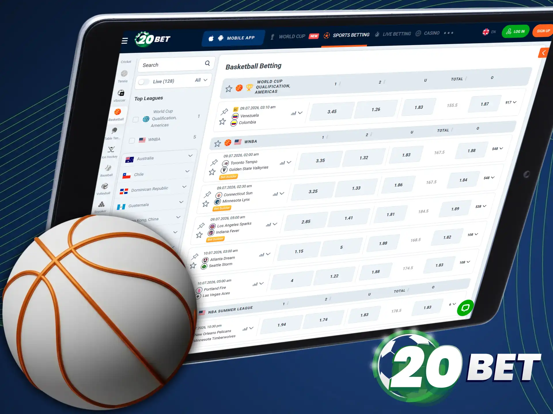 Open the basketball betting section on the 20bet mobile app now.