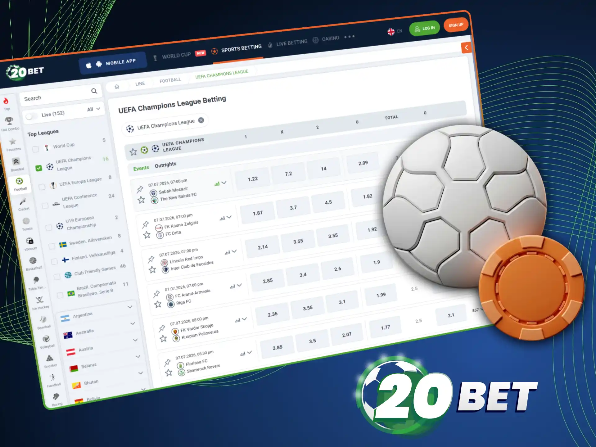 Discover the available betting options in the official 20bet mobile app.