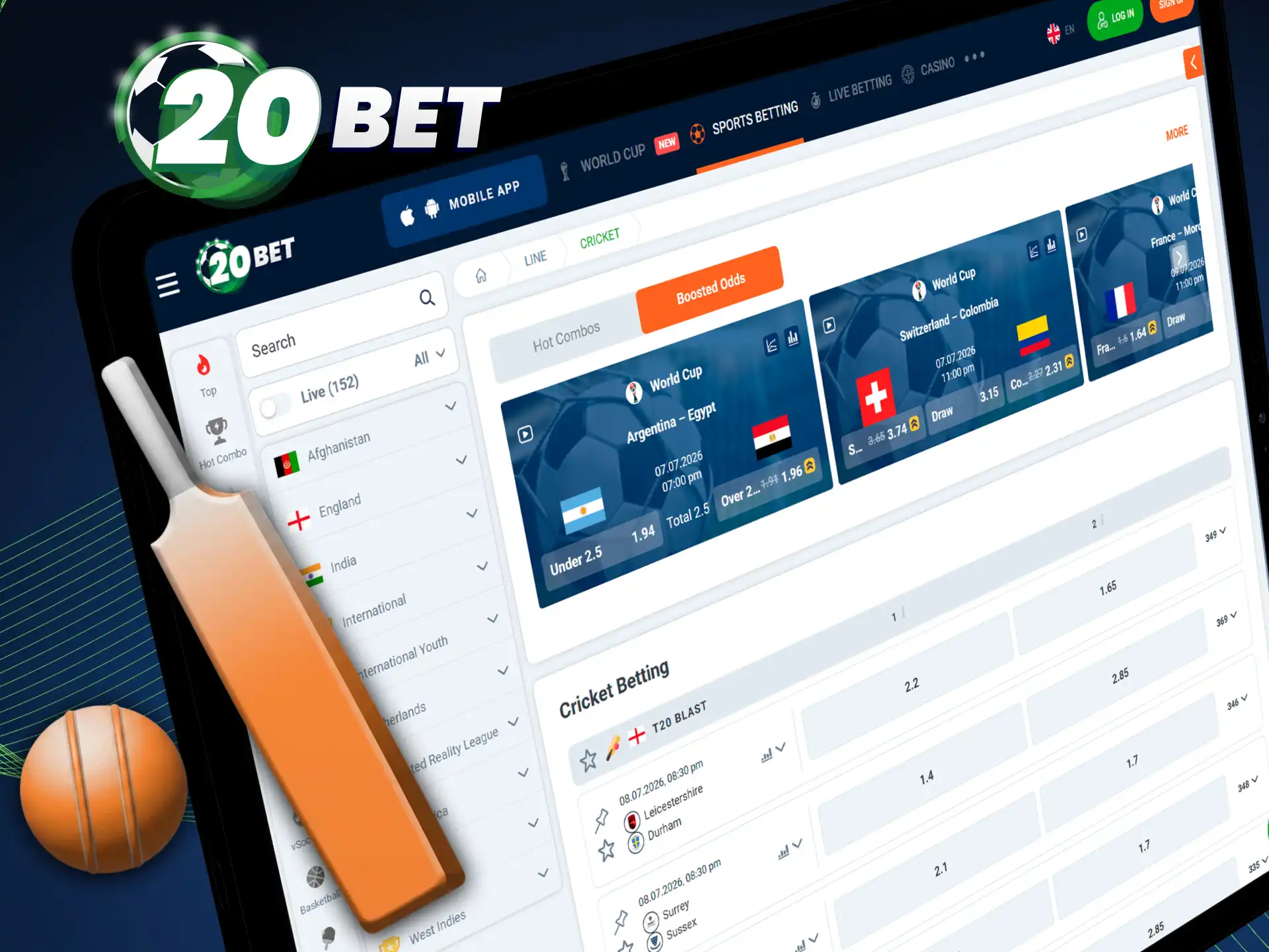 Check out the cricket betting section on the 20bet mobile app.