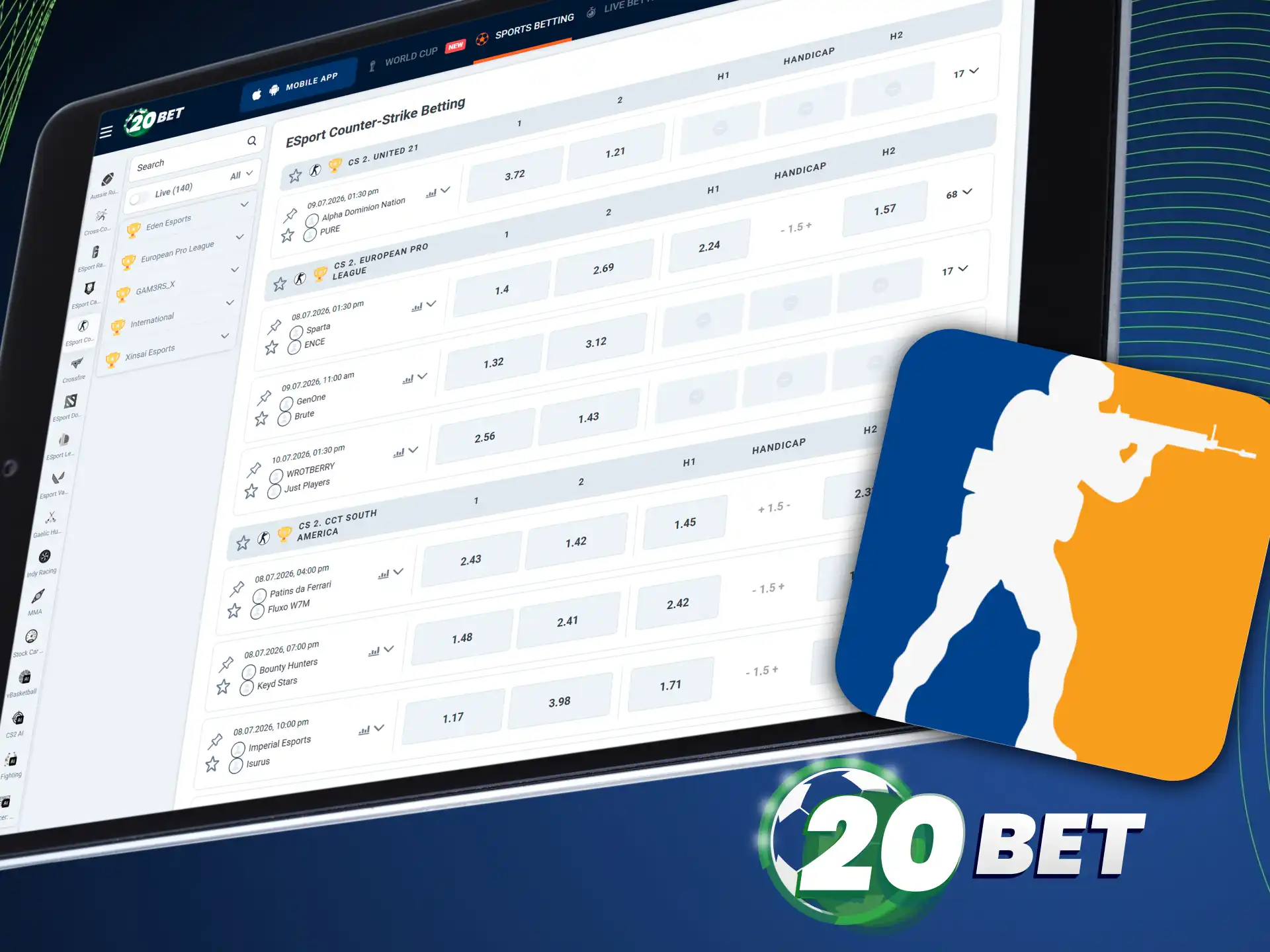 Make your winning prediction by betting on CS 2 on 20bet app.