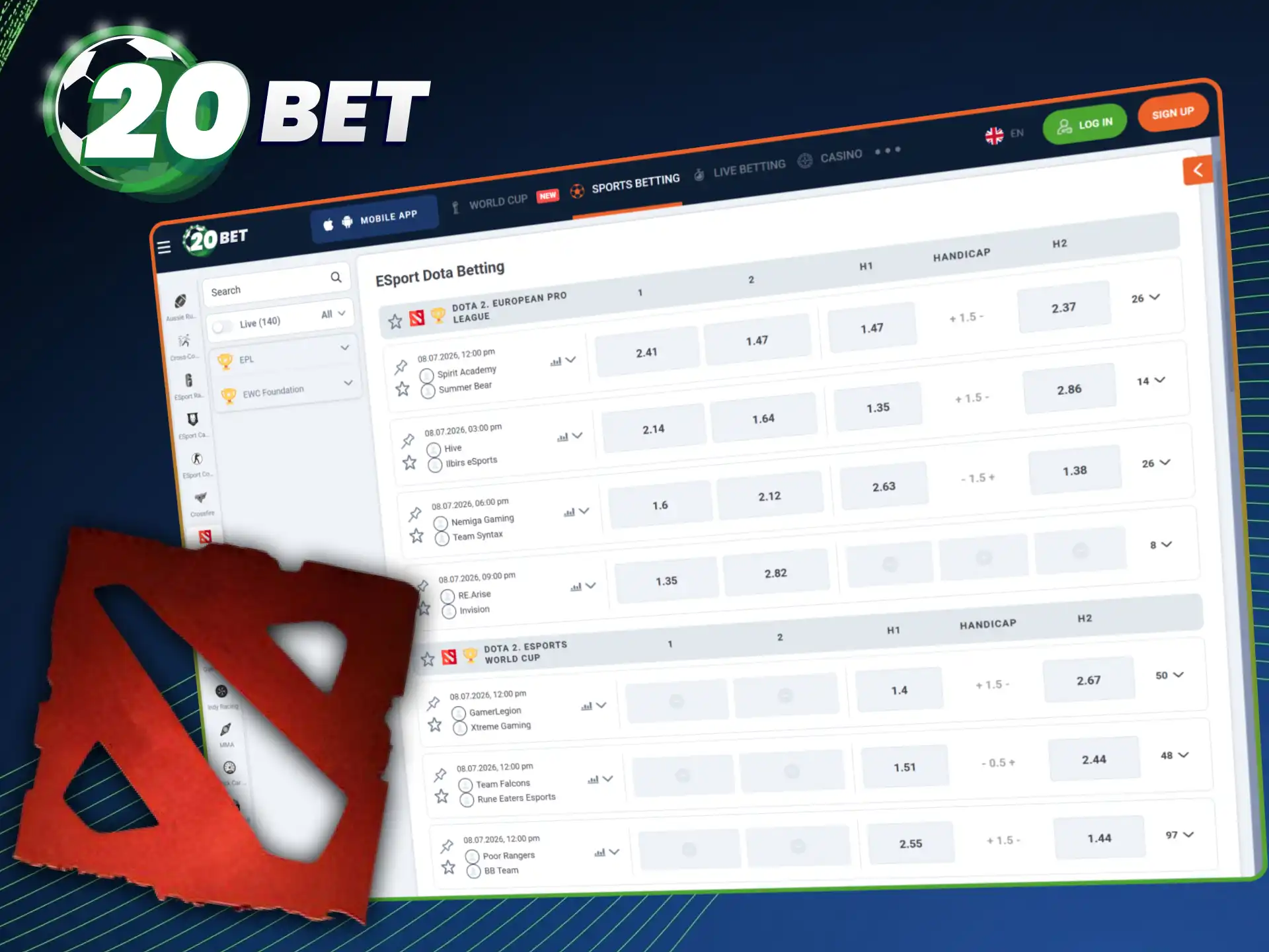 Start betting on Dota 2 tournaments via the 20bet mobile app.