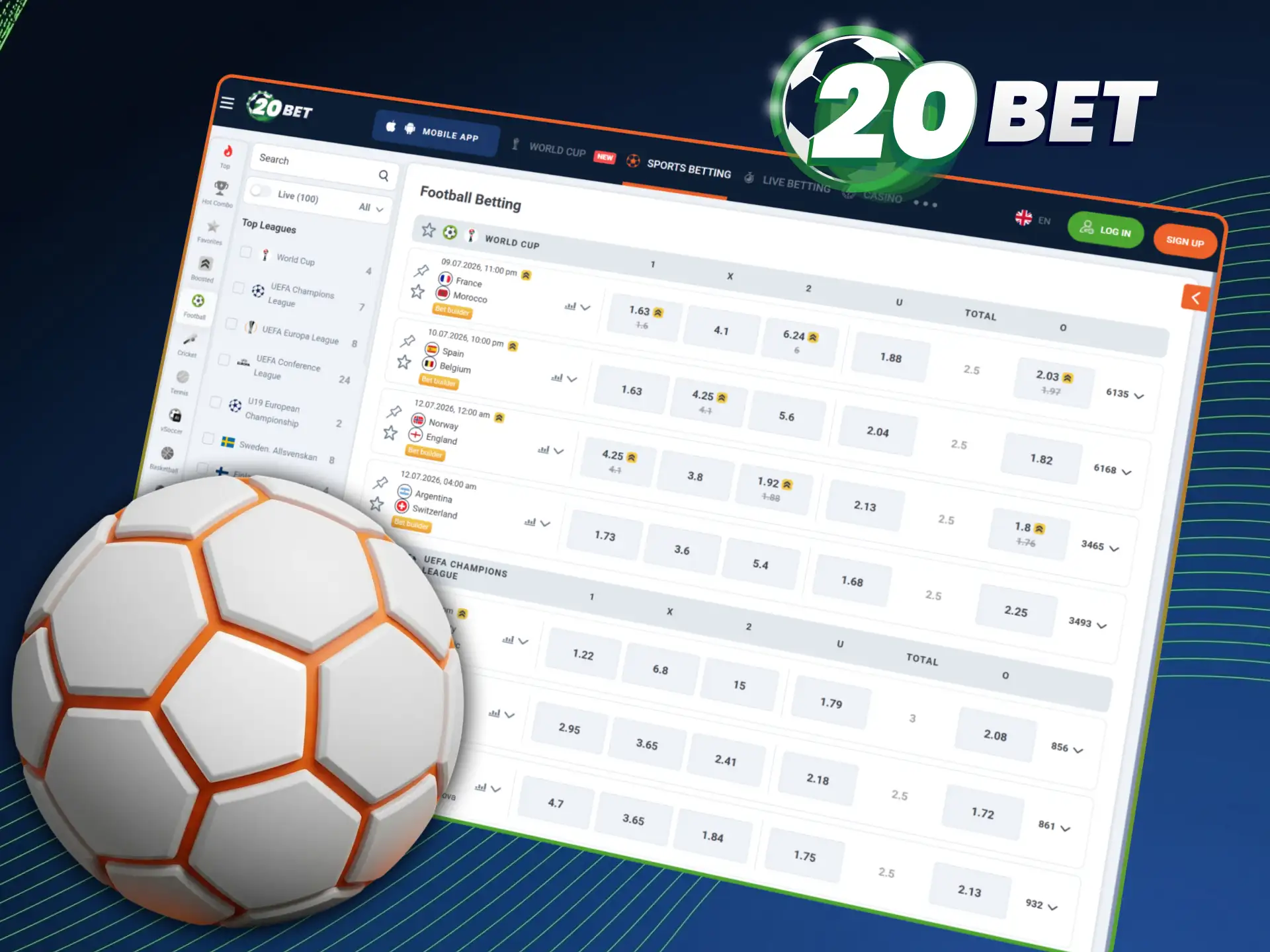 Bet on sports events in the football betting section via 20bet.