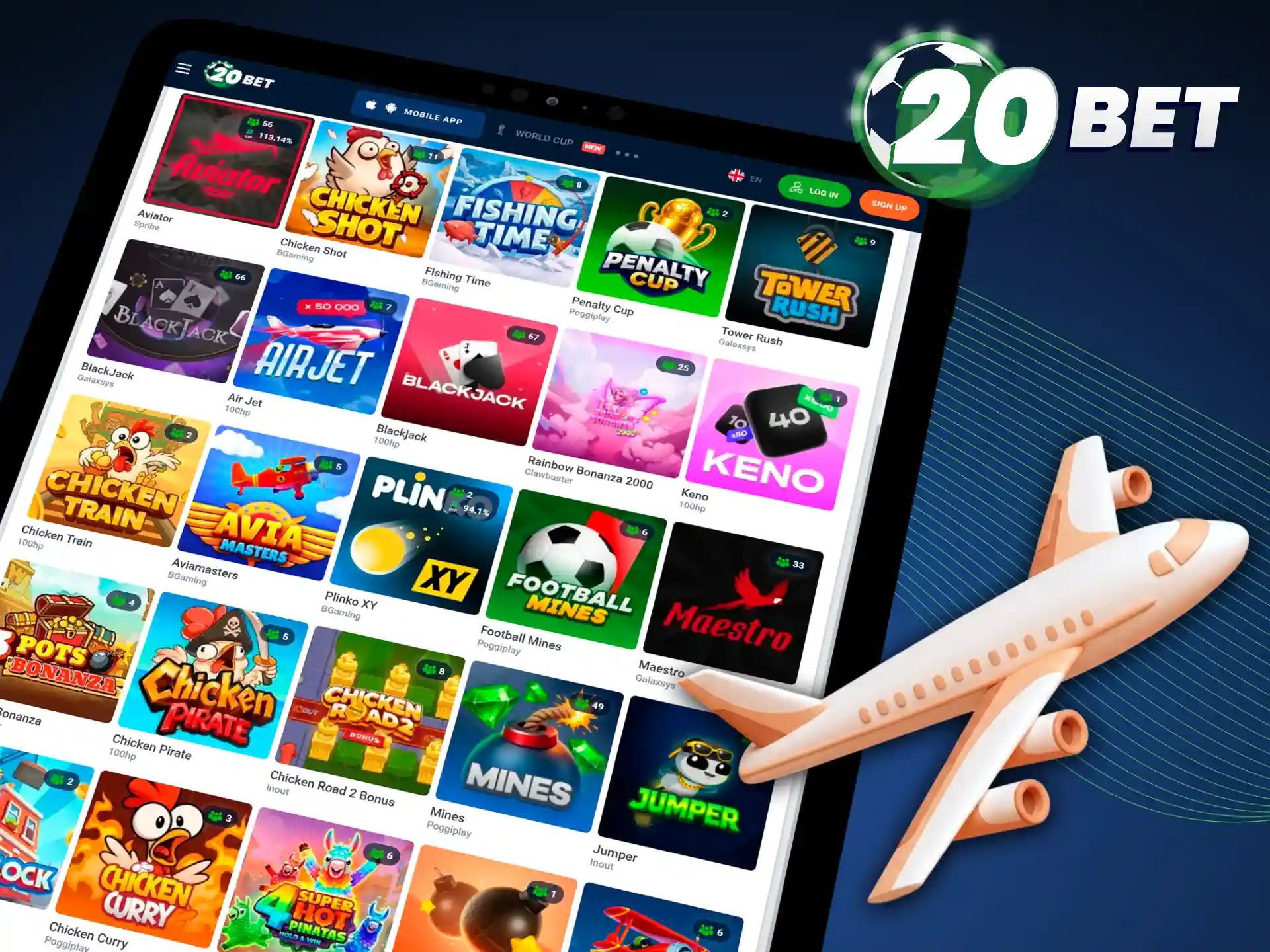 Launch exciting instant games directly in the 20bet mobile app now.