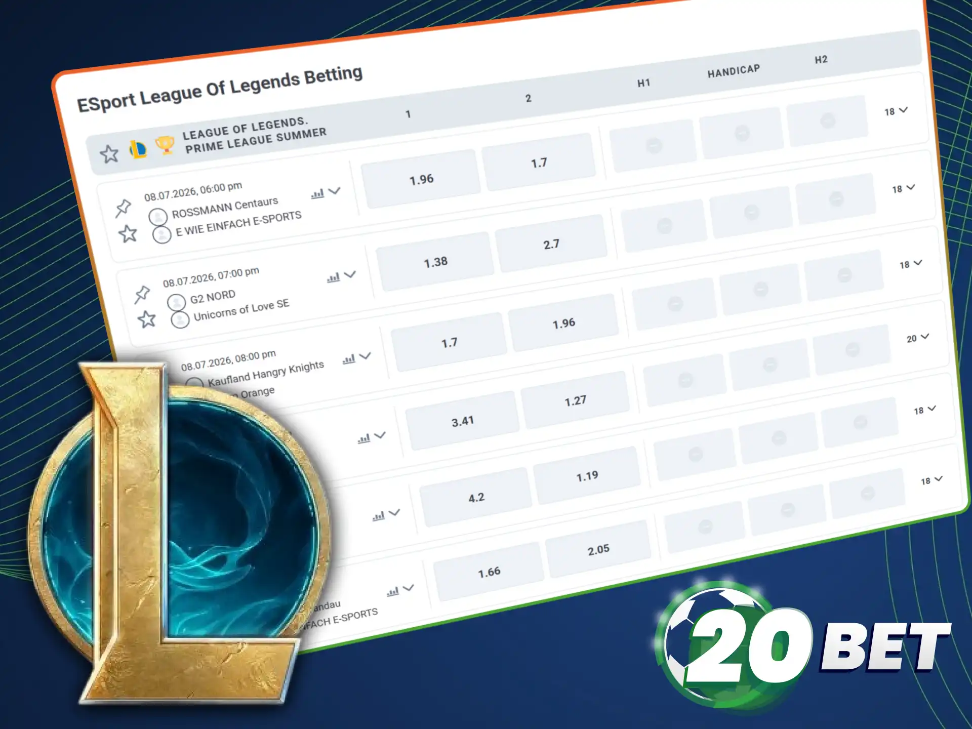 Join the actions and enjoy betting on LoL within 20bet mobile app.