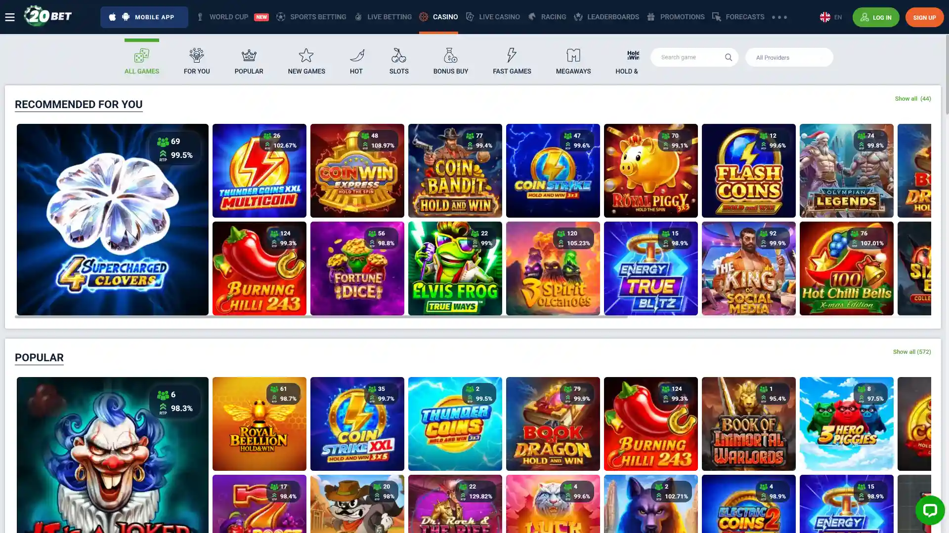Browse the full casino gaming collection on the desktop version of 20bet.