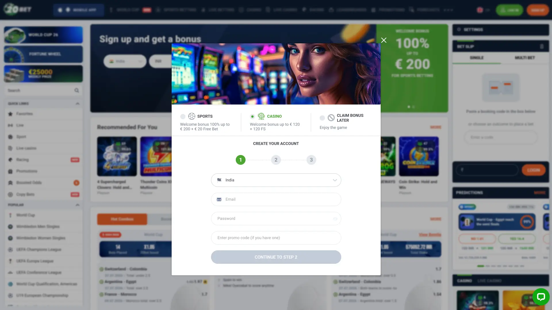 Open the secure desktop registration menu on the official 20bet review platform.