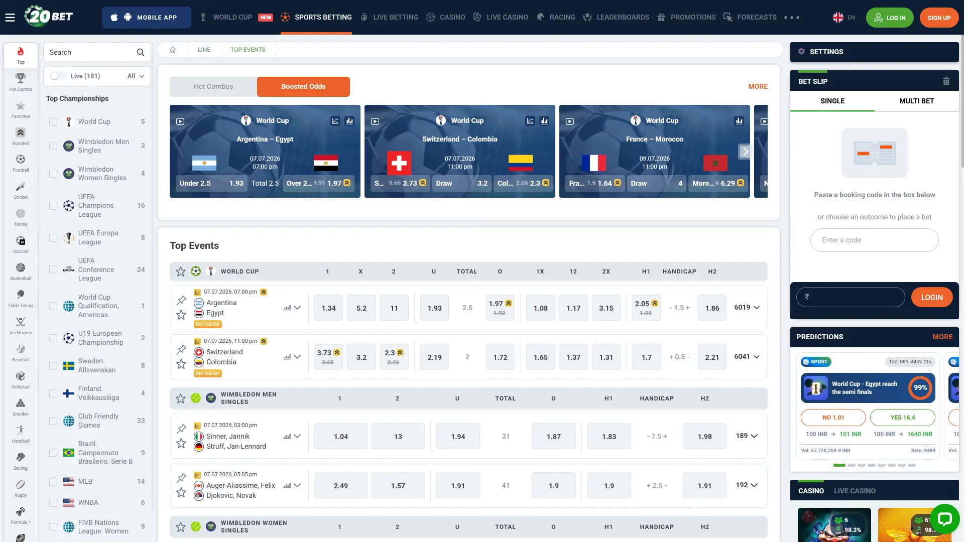 Check out the comprehensive live sports betting section on the 20bet platform.