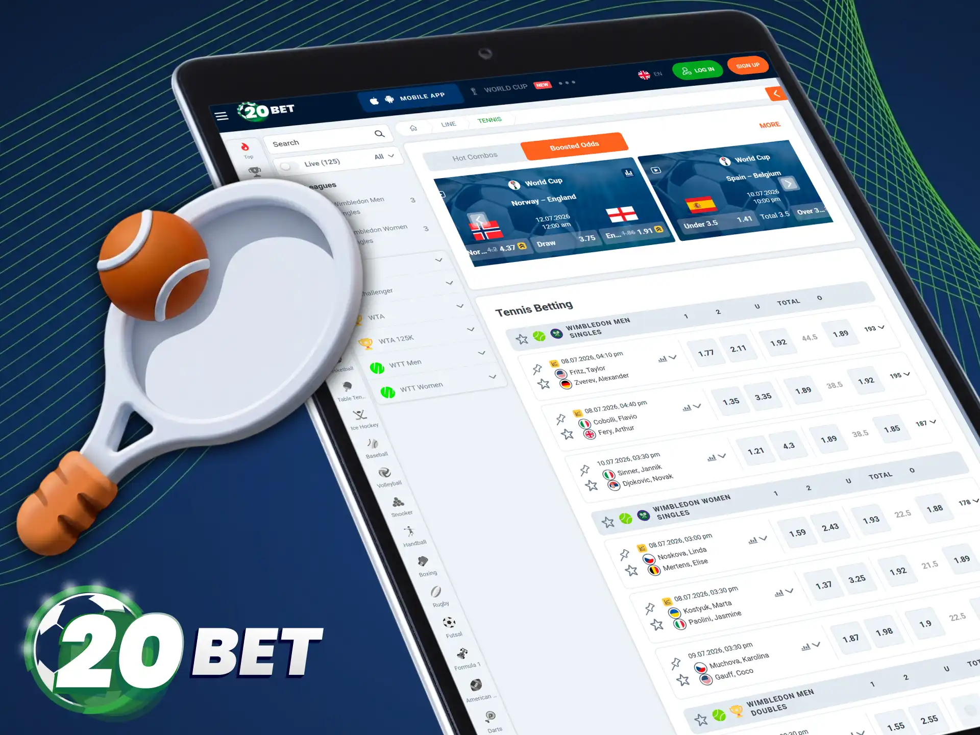 Visit the tennis betting section inside the 20bet mobile app today.