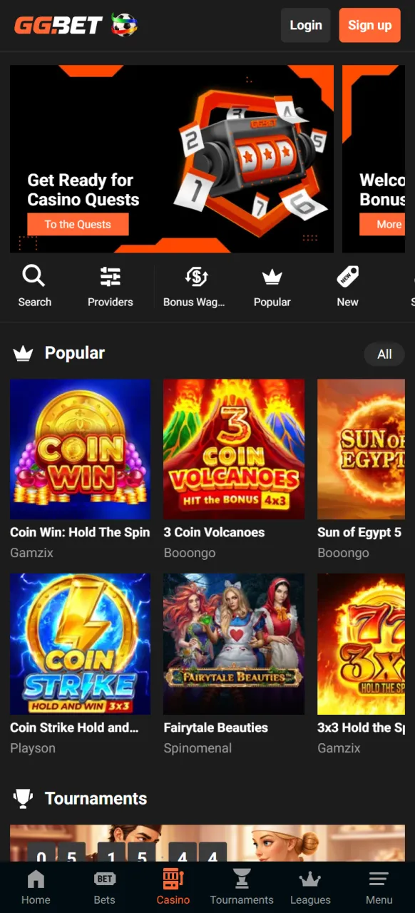 Launch the thrilling online casino lobby directly inside the GGBet app interface.